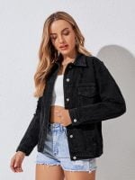 Wholesale Black Ripped Lapel Button Denim Jacket