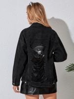 Wholesale Black Ripped Lapel Button Denim Jacket