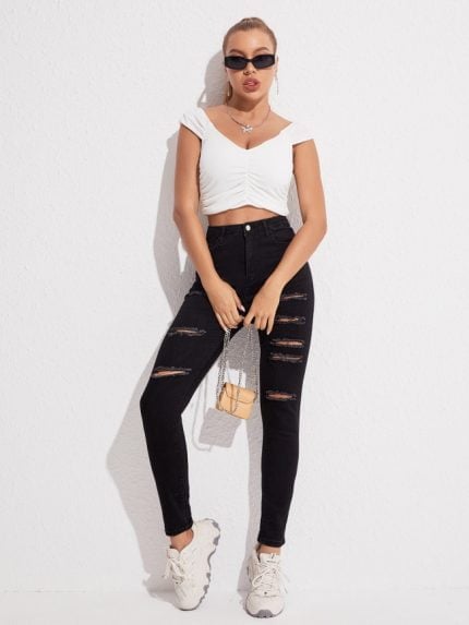 Wholesale Black Stretch Slim Ripped Jeans