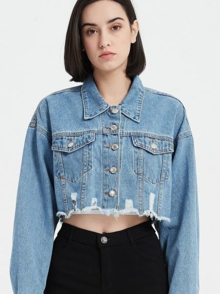 Wholesale Cropped Lapel Button Frayed Denim Jacket