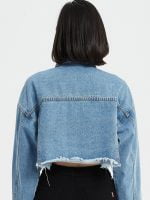 Wholesale Cropped Lapel Button Frayed Denim Jacket