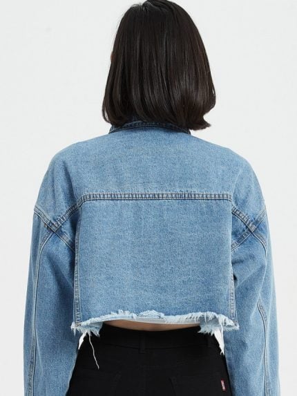 Wholesale Cropped Lapel Button Frayed Denim Jacket