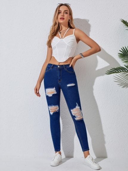 Wholesale Dark Blue Ripped Slim Jeans