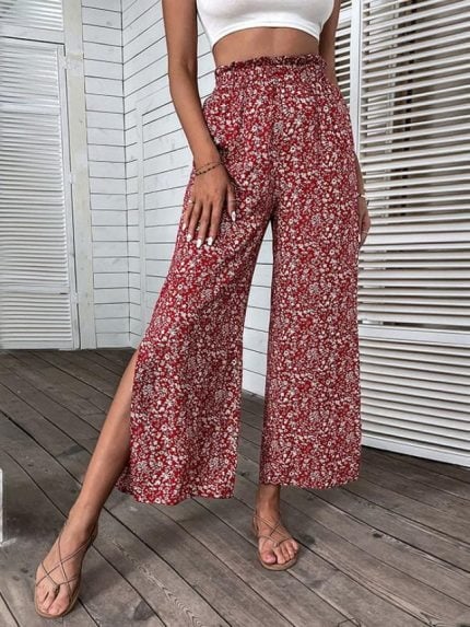 Wholesale Floral Slit High Waist Pants