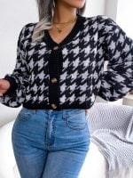 Wholesale Houndstooth Casual Balloon Sleeve Cardigan