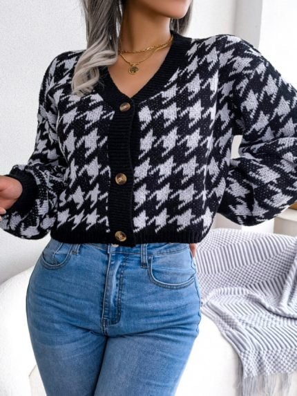 Wholesale Houndstooth Casual Balloon Sleeve Cardigan