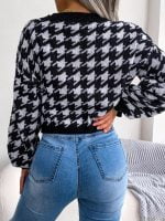 Wholesale Houndstooth Casual Balloon Sleeve Cardigan