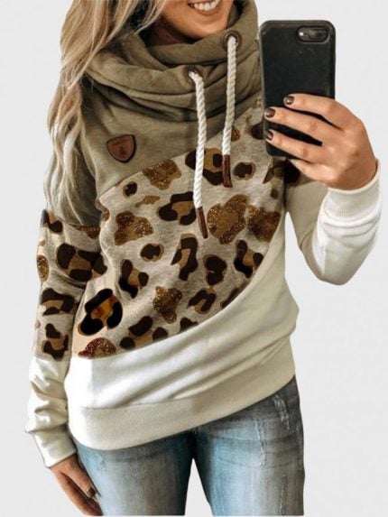 Wholesale Leopard print contrast drawstring sweatshirt