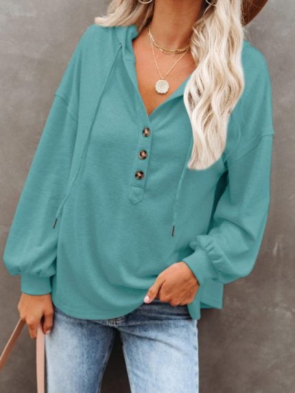 Wholesale V Neck Button Down Drawstring Hoodie Tops