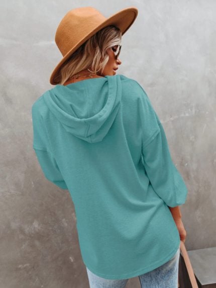 Wholesale V Neck Button Down Drawstring Hoodie Tops