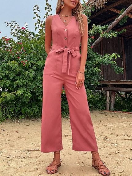 Wholesale V Neck Button Sleeveless Jumpsuit