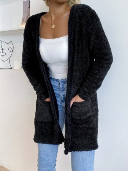 Wholesale Black Plush Pocket Cardigan