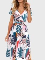 Wholesale Fashion Print V Neck Short Sleeve Dress