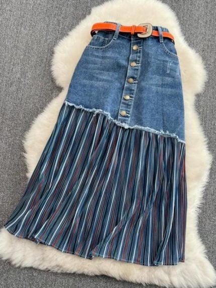 Wholesale Fashion Stripe Panel Denim Skirt