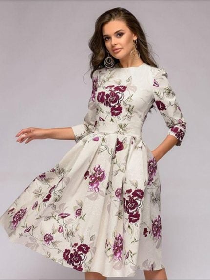 Wholesale Floral Crew Neck Elegant Dress