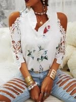 Wholesale Floral Print Lace Cold Shoulder Shirt