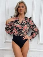 Wholesale Floral V-Neck Long Sleeved Bodysuit