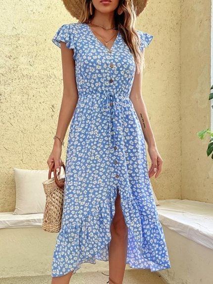 Wholesale Floral V-neck Irregular Dress