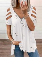 Wholesale Heart Print Zip Cutout Short Sleeve Top