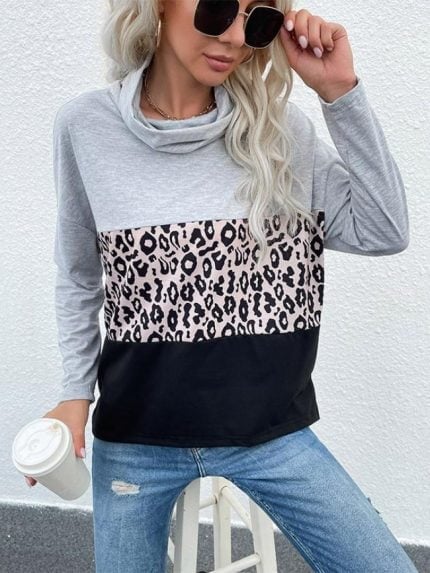 Wholesale High Neck Leopard Panel Long Sleeve Top