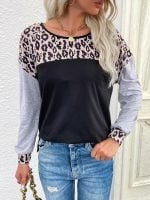 Wholesale Leopard Panel Crew Neck Casual Top