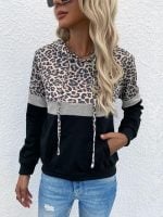 Wholesale Leopard Panel Drawstring Thin Hoodie