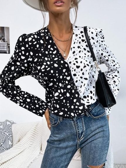 Wholesale Leopard Print Colorblock V-Neck Blouse