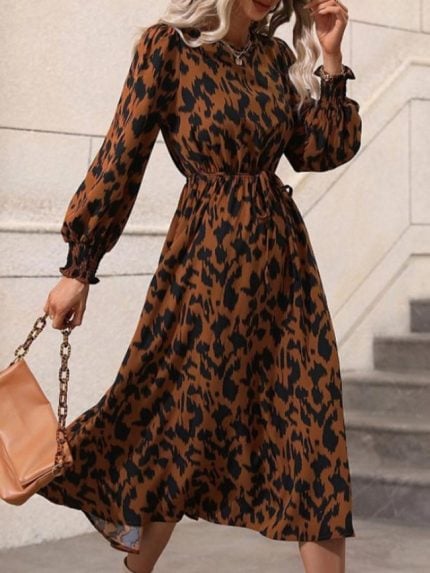 Wholesale Leopard Print Long Sleeve Lace-Up Dress