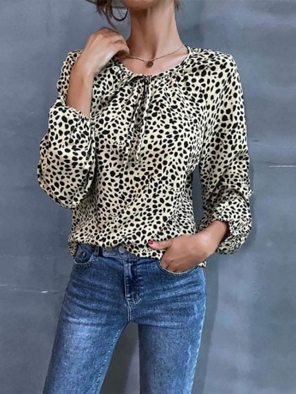 Wholesale Leopard Tie Puff Sleeve Blouse