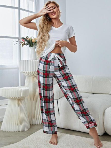 Wholesale Plaid Tie Short Sleeve Loungewear