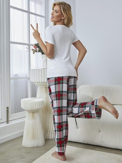 Wholesale Plaid Tie Short Sleeve Loungewear