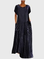 Wholesale Polka Dot Print Crew Neck Pocket Dress