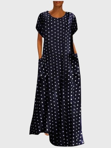 Wholesale Polka Dot Print Crew Neck Pocket Dress