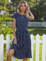 Wholesale Polka Dot Short Sleeve Pleated Dress