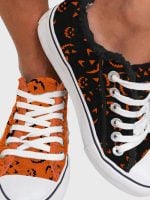 Wholesale Pumpkin Bat Print Lace Up Canvas Shoe