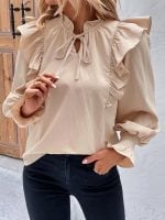 Wholesale Ruffle Long Sleeve Solid Color Blouse