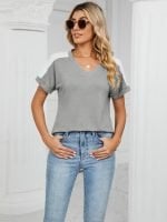 Wholesale Solid Color Lace Panel Short Sleeve T-Shirt