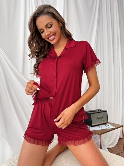 Wholesale Solid Color Mesh Splicing Buttons Loungewear