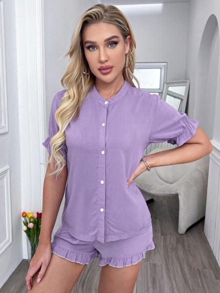 Wholesale Solid Color Ruffled Short Sleeved Loungewear