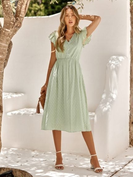 Wholesale Solid Color V Neck Ruffle Dress