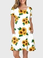 Wholesale Sunflower Print Short Sleeve Casual Dress