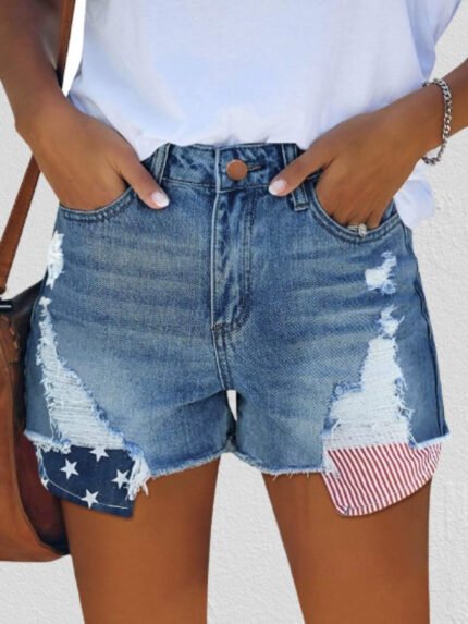 American Flag Patchwork Denim Shorts