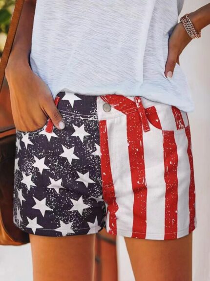 American Flag Print Denim Shorts