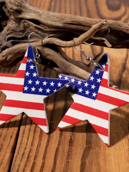 American Flag Star Hook Leather Earrings