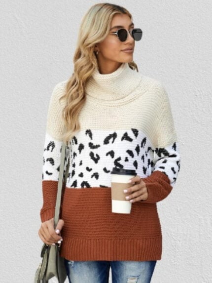 Apricot Turtleneck Splicing Chunky Knit Pullover Sweater