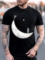 Astronaut Moon Print Short Sleeve T-Shirt