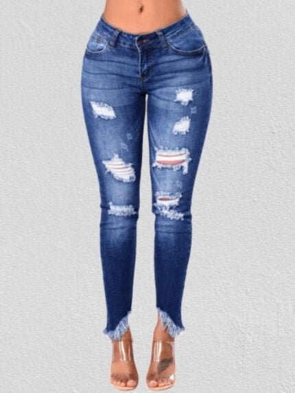 Wholesale Asymmetric Fringed Ankles Ripped Jeans