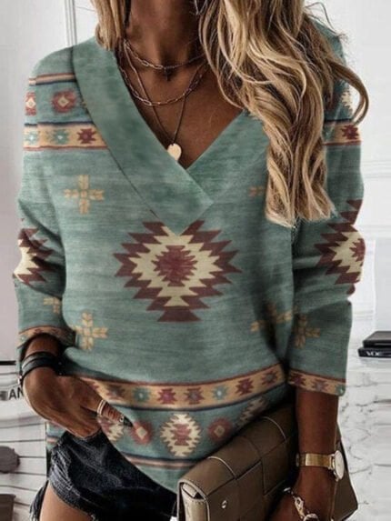 Aztec geometric print V-neck top