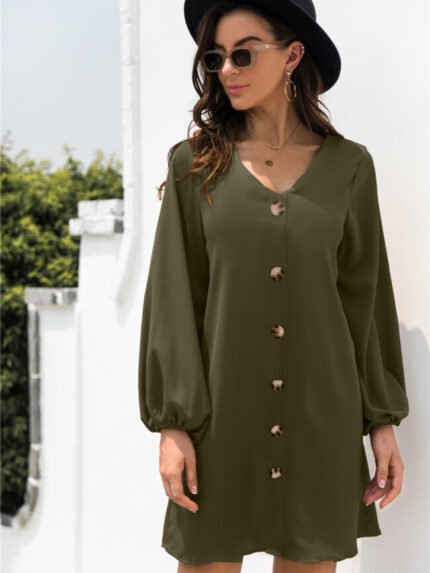 Balloon Sleeve Single-Breasted Dress-Wholesale