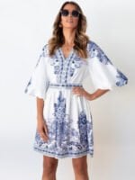 Balloon Sleeve Vintage Print V-Neck Dress